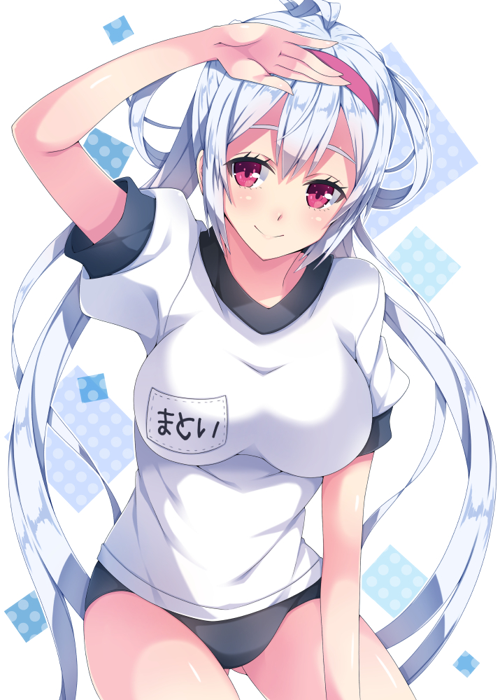 1girl arm_up breasts buruma character_name cowboy_shot floating_hair gluteal_fold gym_uniform hair_between_eyes hairband large_breasts long_hair matoi_(pso2) milkpanda phantasy_star phantasy_star_online_2 red_eyes red_hairband shiny shiny_skin shirt short_sleeves silver_hair smile solo standing twintails very_long_hair white_shirt