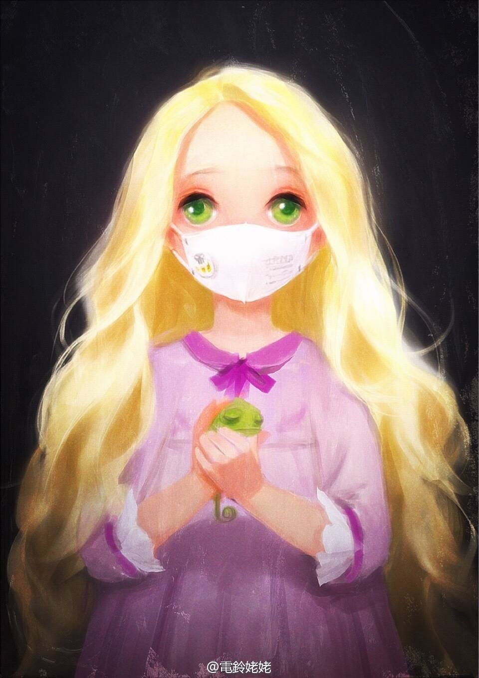 1girl animal blonde_hair commentary dress green_eyes highres holding holding_animal lin_yl_deng long_hair looking_at_viewer mask purple_dress rapunzel_(disney) solo strabismus surgical_mask tangled very_long_hair white_mask