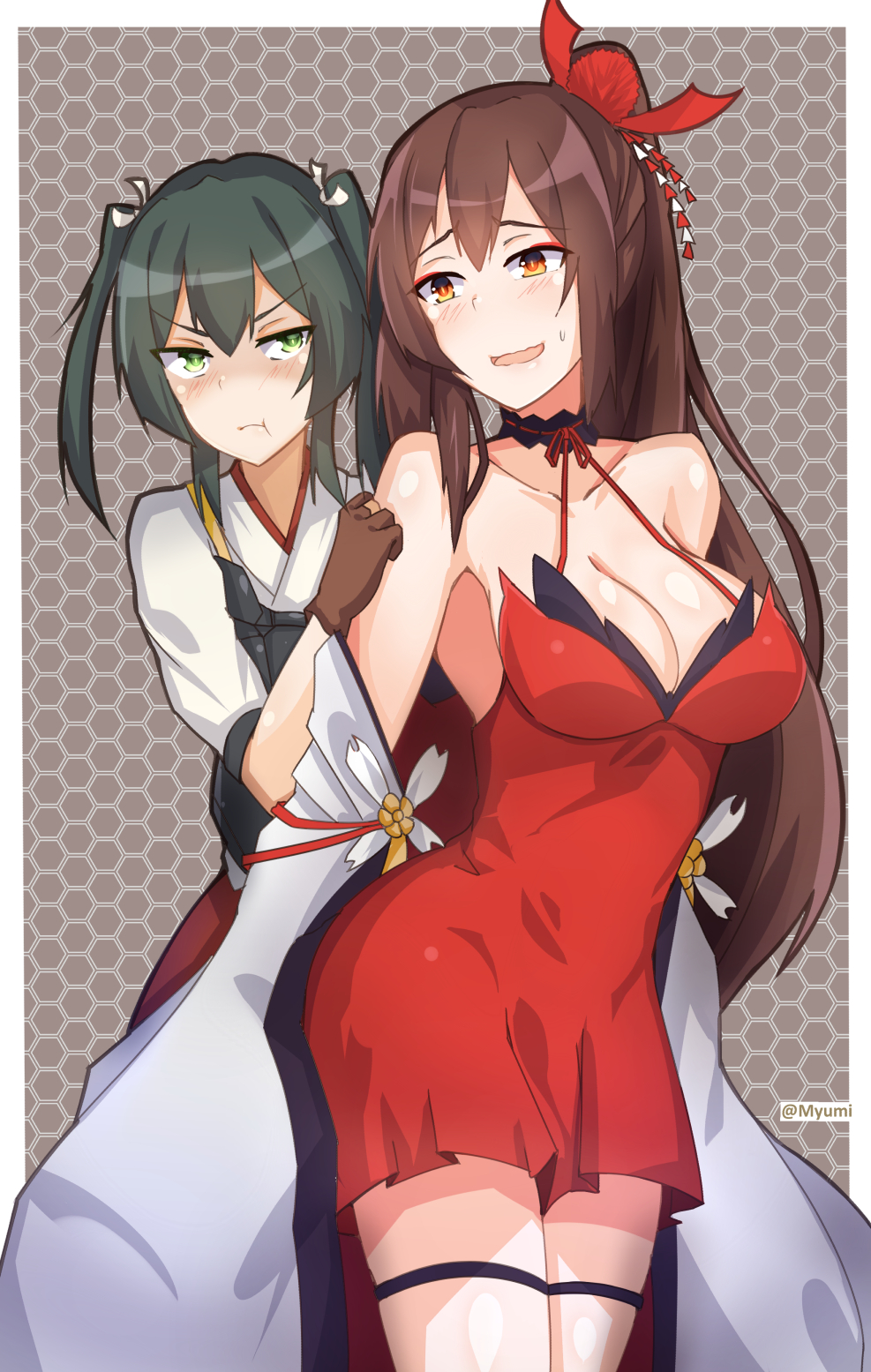 2girls :t azur_lane bangs bare_shoulders breast_envy breasts brown_eyes brown_gloves brown_hair choker cleavage closed_mouth cowboy_shot crossover dress frown gloves green_eyes green_hair hair_ornament halterneck highres kantai_collection large_breasts long_hair looking_at_another multiple_girls muneate myumi namesake nervous_smile parted_lips ponytail red_dress standing sweatdrop twitter_username two_side_up v-shaped_eyebrows very_long_hair zuikaku_(azur_lane) zuikaku_(kantai_collection)