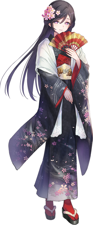 1girl artist_request black_hair fan flower hair_between_eyes hair_flower hair_ornament holding holding_fan japanese_clothes kimono kokura_(oshiro_project) long_hair looking_at_viewer official_art oshiro_project oshiro_project_re smile solo very_long_hair violet_eyes