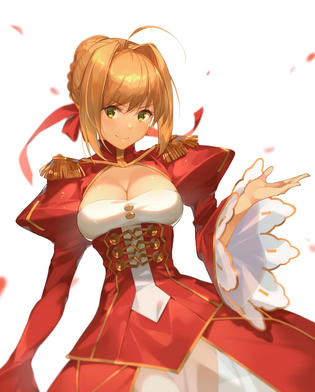 1girl ahoge bangs blonde_hair blush braid breasts cleavage closed_mouth dress epaulettes eyebrows_visible_through_hair fate/extra fate_(series) french_braid green_eyes hair_intakes hana_mori hand_up highres juliet_sleeves long_sleeves looking_at_viewer medium_breasts petals puffy_sleeves red_dress saber_extra see-through sidelocks simple_background smile solo v-shaped_eyebrows white_background