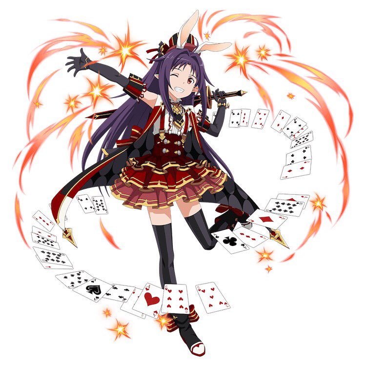 1girl ;d animal_ears ankle_bow ankle_ribbon black_gloves black_legwear bow cape card elbow_gloves fake_animal_ears gloves grin hat holding holding_sword holding_weapon layered_skirt long_hair one_eye_closed one_leg_raised open_mouth outstretched_arm pointy_ears purple_hair rabbit_ears ribbon shirt simple_background skirt sleeveless sleeveless_shirt smile solo standing standing_on_one_leg striped striped_legwear suspender_skirt suspenders sword sword_art_online thigh-highs vertical-striped_legwear vertical_stripes very_long_hair violet_eyes weapon white_background white_shirt yuuki_(sao)