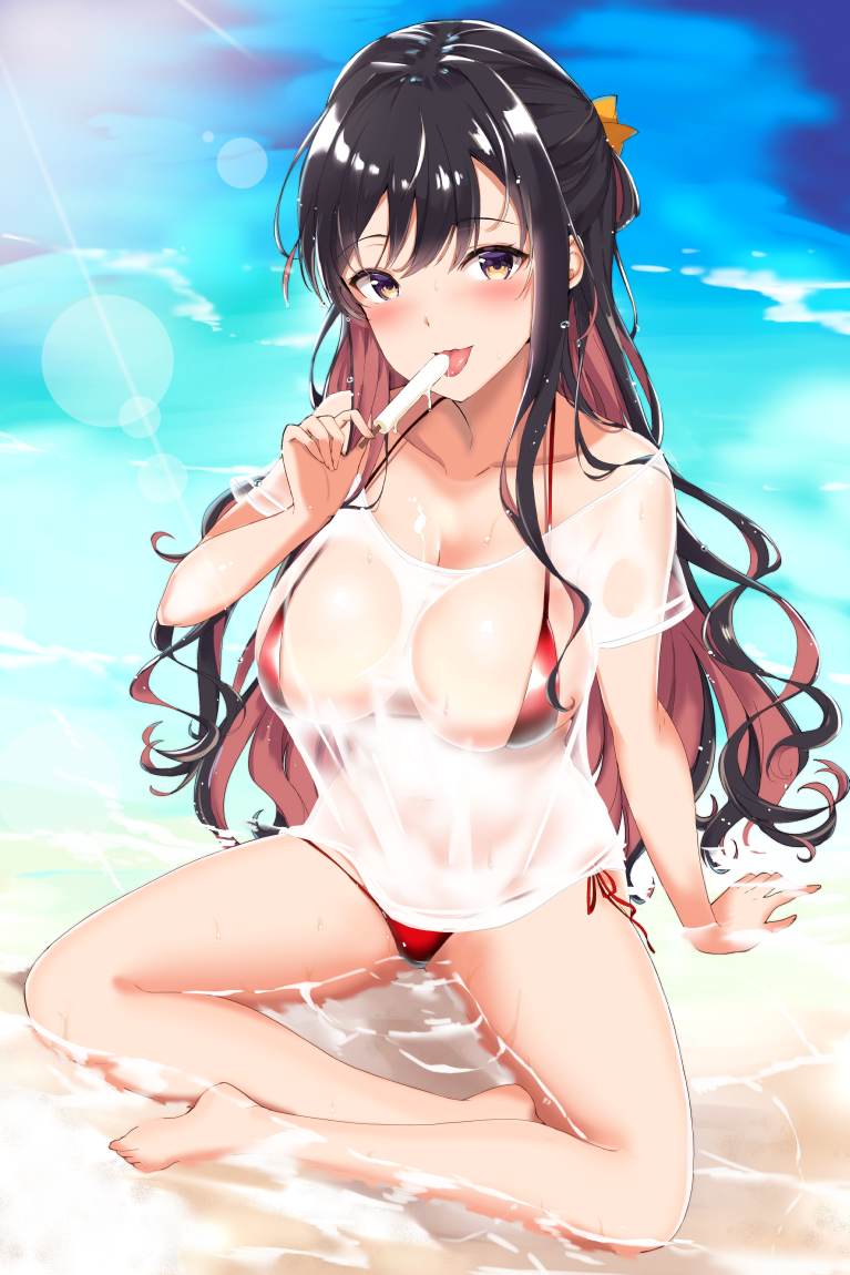 1girl :p arm_support bangs beach bikini black_hair blush breasts cleavage collarbone day eyebrows_visible_through_hair fang food groin hair_ribbon head_tilt holding holding_food kantai_collection large_breasts long_hair looking_at_viewer multicolored_hair naganami_(kantai_collection) navel ocean open_mouth outdoors partially_submerged pink_hair popsicle red_bikini ribbon see-through shirt sidelocks sitting skindentation smile solo stomach sunlight swimsuit takaharu thighs tongue tongue_out two-tone_hair wet wet_clothes wet_shirt white_shirt yellow_eyes