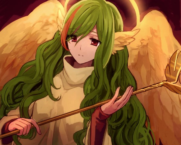 1girl angel_wings bangs breasts closed_mouth dress elona eyebrows eyebrows_visible_through_hair eyelashes eyes_visible_through_hair feathered_wings feathers fingernails goddess green_hair hair_between_eyes halo head_wings holding holding_staff jure_of_healing kinu_doufu large_breasts long_hair multicolored_hair orange_hair red_background red_eyes sidelocks sleeves_past_wrists solo staff streaked_hair swept_bangs tareme turtleneck two-tone_hair upper_body very_long_hair wavy_hair wide_sleeves wings yellow_dress yellow_wings