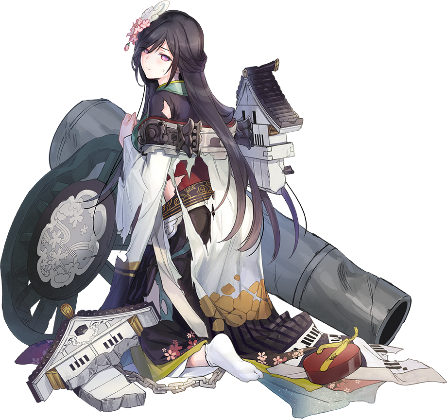 1girl architecture artist_request black_hair cannon castle cherry_blossoms dress east_asian_architecture flower from_behind full_body hair_between_eyes hair_flower hair_ornament kokura_(oshiro_project) long_hair looking_at_viewer looking_back official_art oshiro_project oshiro_project_re smile solo torn_clothes very_long_hair violet_eyes white_legwear