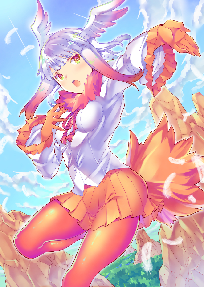 1girl bird_tail breasts clouds feathers forest gloves hand_on_own_chest head_wings highres japanese_crested_ibis_(kemono_friends) kemono_friends midair mountain multicolored_hair nature nib_pen_(medium) open_mouth outstretched_hand pantyhose pleated_skirt red_gloves red_legwear red_skirt redhead river sidelocks skirt small_breasts solo takano_itsuki traditional_media two-tone_hair white_hair wide_sleeves yellow_eyes