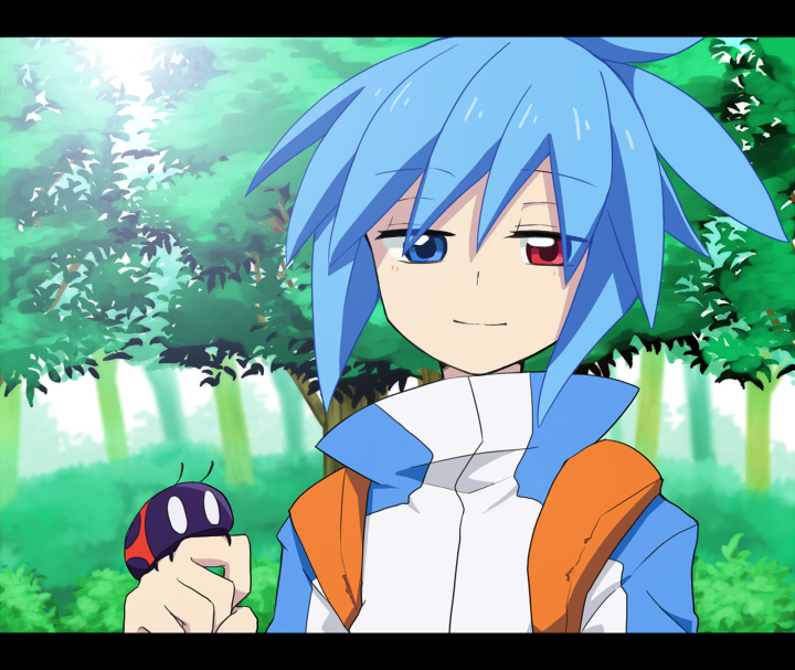 1boy blue_eyes blue_hair closed_mouth eyebrows_visible_through_hair heterochromia komeichou-69 ladybug letterboxed looking_at_viewer puyopuyo red_eyes short_hair sig_(puyopuyo) smile solo upper_body