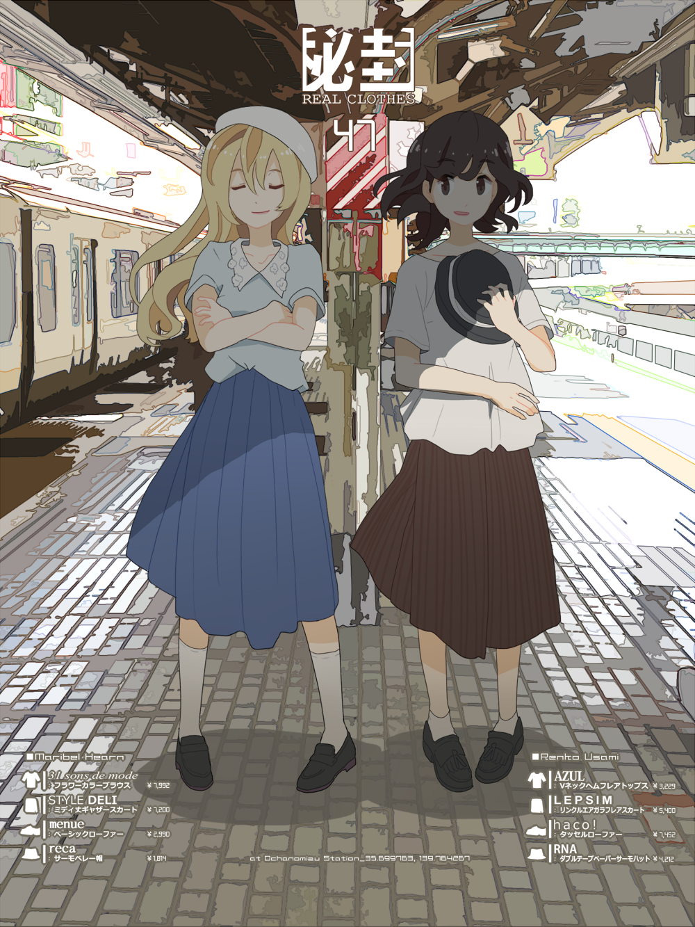 2girls beret blonde_hair blouse bow brown_eyes brown_hair building closed_eyes crossed_arms fedora ground_vehicle hat hat_bow hat_removed headwear_removed highres long_hair maribel_hearn multiple_girls neo-traditionalism_of_japan real_world_location shirt shoes short_hair skirt tokoroten_(hmmuk) tokyo_(city) touhou train train_station usami_renko