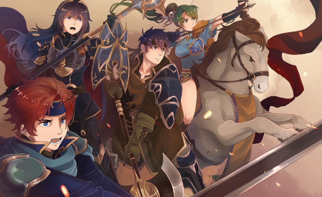 2boys 2girls armor axe blue_eyes blue_hair bow_(weapon) cape cosplay dress durandal_(fire_emblem) earrings eliwood_(fire_emblem) eliwood_(fire_emblem)_(cosplay) fingerless_gloves fire_emblem fire_emblem:_fuuin_no_tsurugi fire_emblem:_kakusei fire_emblem:_rekka_no_ken fire_emblem:_souen_no_kiseki fire_emblem_heroes fur_trim gloves green_eyes green_hair greil greil_(cosplay) headband high_ponytail horse ike jewelry long_hair lucina lyndis_(fire_emblem) multiple_boys multiple_girls ponytail redhead roy_(fire_emblem) short_hair shy_(ribboneels) sword tiara very_long_hair weapon