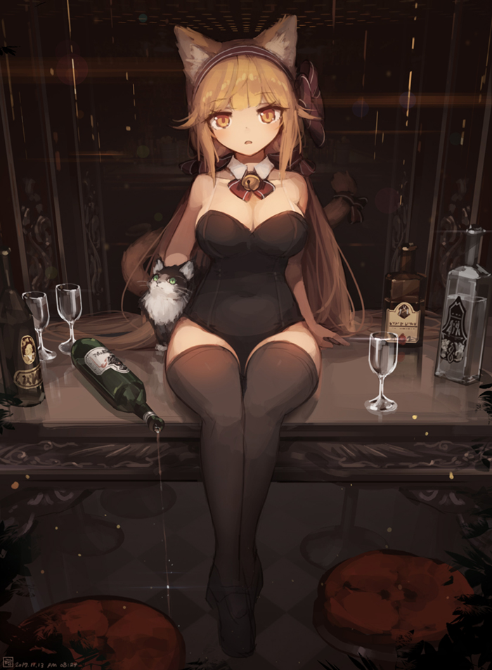 1girl alcohol animal animal_ears bangs bar bare_arms bare_shoulders bell black_footwear black_legwear black_leotard blonde_hair bottle breasts cat cat_ears cat_girl cat_tail chair checkered checkered_floor cleavage counter covered_navel cup dated detached_collar drinking_glass eyebrows_visible_through_hair hair_ribbon hairband indoors jakoujika jingle_bell large_breasts leotard long_hair looking_at_viewer low_twintails open_mouth orange_eyes original ribbon shoes sitting sleeveless solo spilling tail tail_ribbon thigh-highs twintails very_long_hair vodka whiskey wine_glass wing_collar