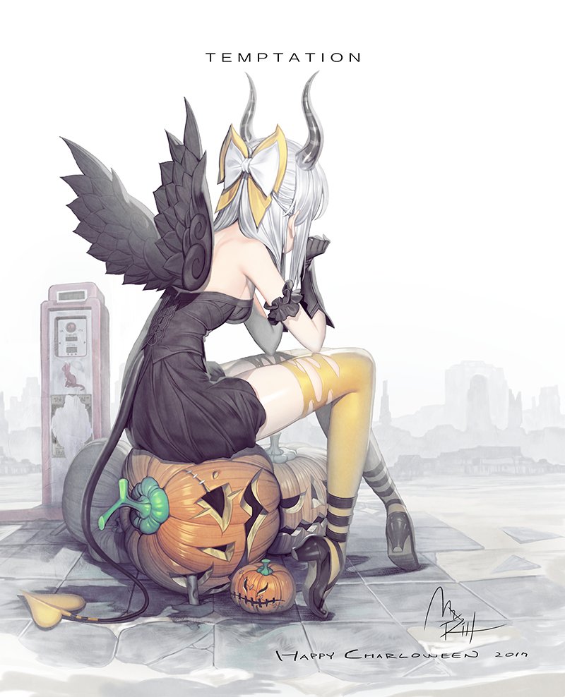 1girl ankle_garter armband bare_shoulders black_dress black_footwear black_gloves black_wings bow demon_tail dress elbow_gloves facing_away frills from_behind gloves hair_bow halloween heart heart_tail horns mandrill original pumpkin sidelocks signature silver_hair sitting solo tail thigh-highs torn_clothes wings year yellow_legwear