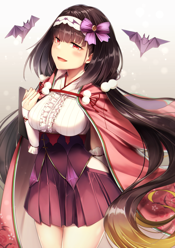 1girl bat black_hair blush bow breasts brown_hair cloak cowboy_shot fate/grand_order fate_(series) gradient_hair hair_bobbles hair_bow hair_ornament hairband hood hood_down japanese_clothes koruta_(nekoimo) large_breasts long_hair looking_at_viewer low_twintails miniskirt multicolored_hair open_mouth origami osakabe-hime_(fate/grand_order) parted_lips pleated_skirt pom_pom_(clothes) red_eyes skirt smile solo tablet_pc twintails underbust