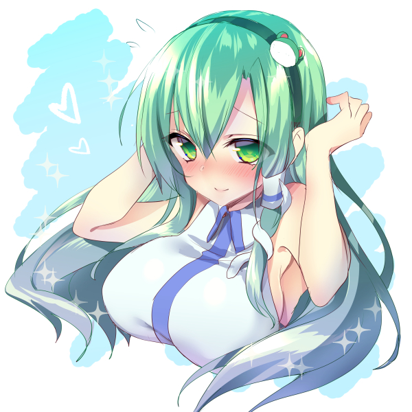 1girl armpits bare_shoulders blush breasts closed_mouth collared_shirt commentary_request frog_hair_ornament green_eyes green_hair hair_between_eyes hair_ornament hair_tubes hairband heart kochiya_sanae koikawa_minoru large_breasts long_hair looking_at_viewer nontraditional_miko shirt sleeveless sleeveless_shirt smile snake_hair_ornament solo touhou white_shirt wide_sleeves