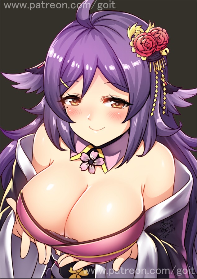 1girl ahoge animal_ears azur_lane bare_shoulders blush breasts brown_eyes cleavage commentary_request eyebrows_visible_through_hair flower go-it hair_flower hair_ornament houshou_(azur_lane) japanese_clothes kimono large_breasts long_hair off_shoulder purple_hair smile solo