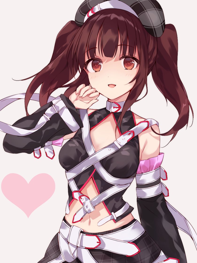 1girl beret blush brown_eyes brown_hair cosplay hat heart idolmaster idolmaster_cinderella_girls looking_at_viewer navel ninomiya_asuka ninomiya_asuka_(cosplay) ogata_chieri sagara_ai sketch solo strap twintails upper_body