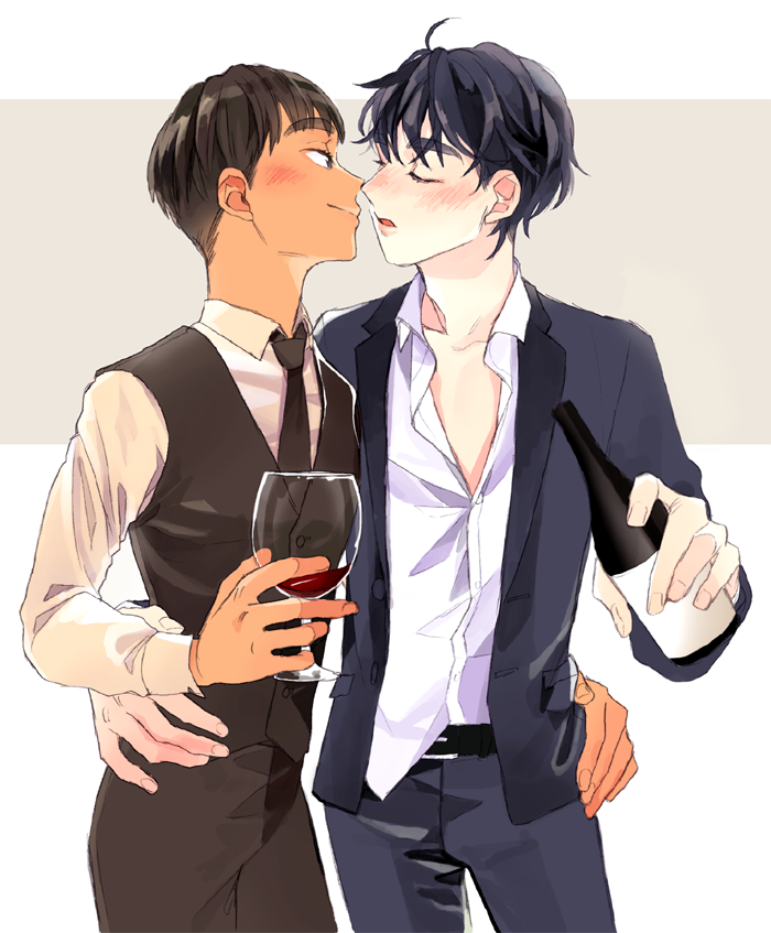 2boys black_hair blush bottle closed_eyes cup dark_skin dark_skinned_male drinking_glass grey_eyes hand_on_another's_hip imminent_kiss lee_seung-gil male_focus multiple_boys necktie open_clothes open_shirt phichit_chulanont shirt smile waistcoat wine_glass yaoi yuri!!!_on_ice yuuki_(kkurcc)