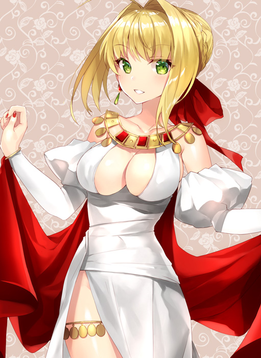 1girl bangs bare_shoulders blonde_hair braid breasts cleavage collarbone cowboy_shot detached_sleeves dress earrings eyebrows_visible_through_hair fate/extra fate/grand_order fate_(series) fingernails floral_background french_braid green_eyes hair_intakes hair_ribbon jewelry kagachi_saku large_breasts looking_at_viewer nail_polish outstretched_arms parted_lips puffy_detached_sleeves puffy_sleeves red_nails red_ribbon ribbon saber_extra shawl short_hair solo white_dress