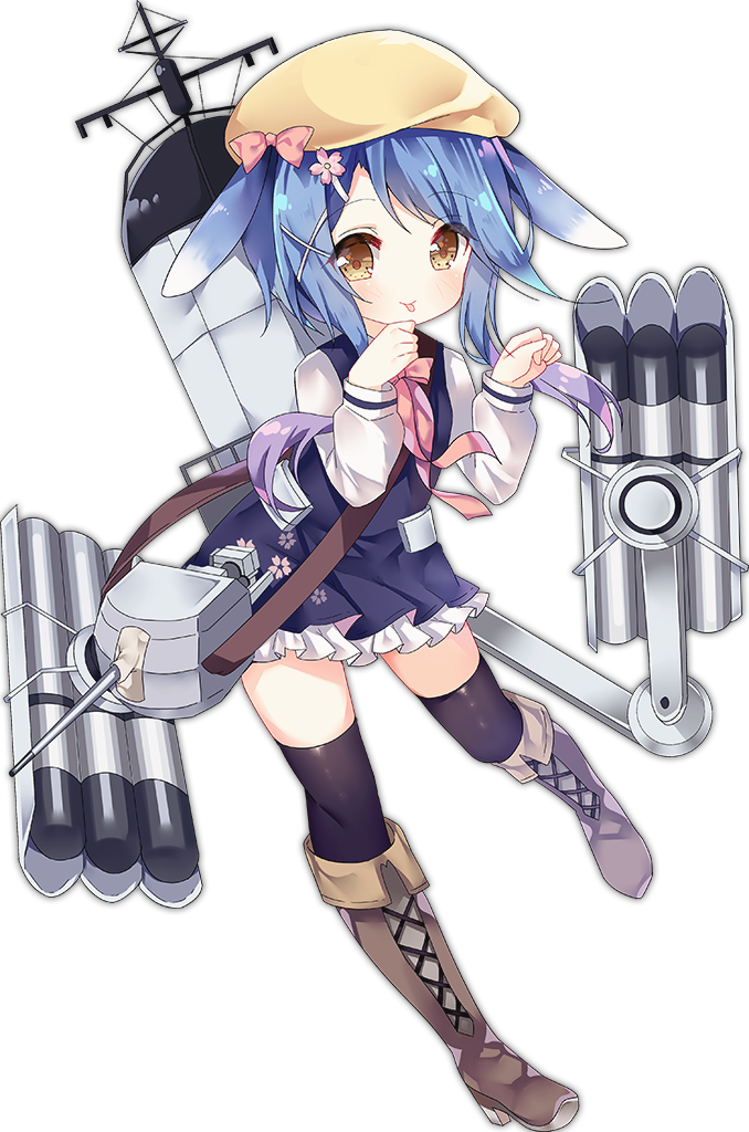 1girl animal_ears artist_request azur_lane beret black_legwear blue_hair blush brown_eyes character_request flower gun hair_flower hair_ornament hair_ribbon hairclip hat looking_at_viewer official_art ribbon rigging school_uniform short_hair_with_long_locks solo thigh-highs tongue tongue_out torpedo_tubes weapon white_background