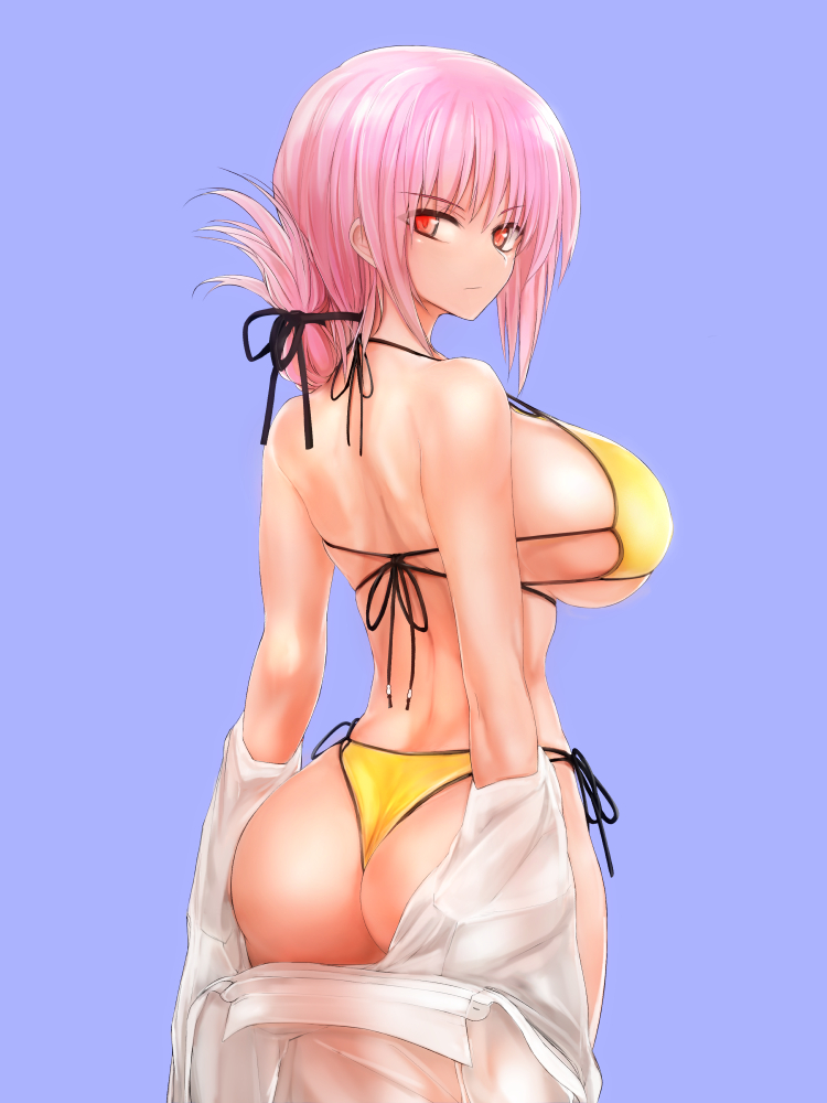 1girl ass back bare_shoulders bikini black_ribbon bouto_(paranoia) breasts cowboy_shot fate/grand_order fate_(series) florence_nightingale_(fate/grand_order) folded_ponytail from_behind hair_ribbon halterneck large_breasts long_hair looking_at_viewer looking_back off_shoulder open_clothes open_shirt pink_eyes pink_hair purple_background ribbon see-through serious shiny shiny_hair shirt side_ponytail simple_background solo standing strap_gap swimsuit thong_bikini v-shaped_eyebrows white_shirt yellow_bikini