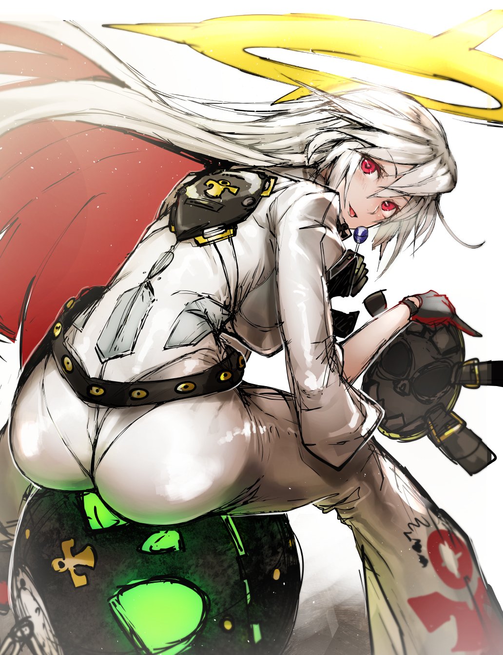 1girl :p ass belt candy food gloves guilty_gear guilty_gear_xrd halo highres jack-o'_valentine lollipop looking_back mask mask_removed multicolored_hair nishiide_kengorou red_eyes redhead sitting solo tongue tongue_out two-tone_hair white_background white_hair