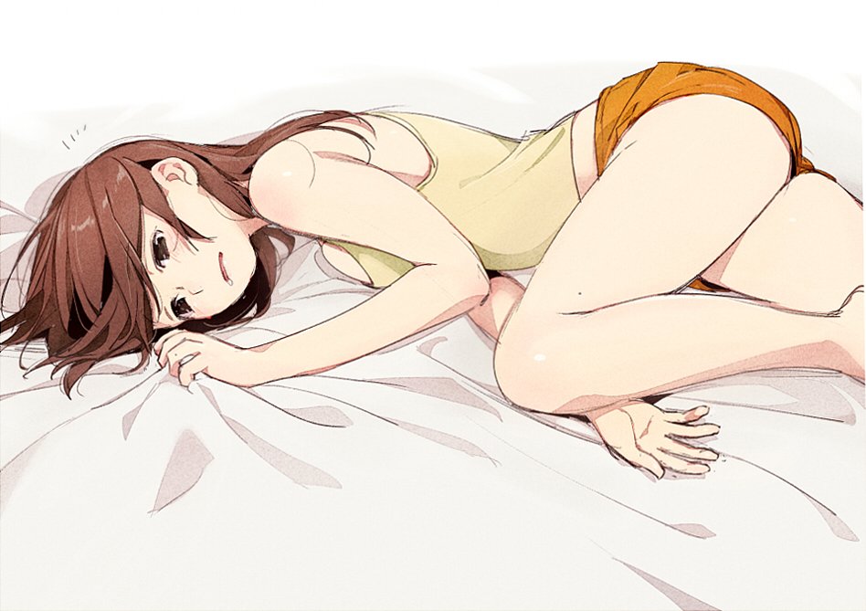 1girl bed_sheet breast_squeeze breasts brown_eyes brown_hair commentary_request frown green_shirt green_tank_top kawai_makoto lying medium_breasts on_bed on_side orange_shorts sheet_grab shirt short_hair shorts simple_background solo tank_top upset white_background