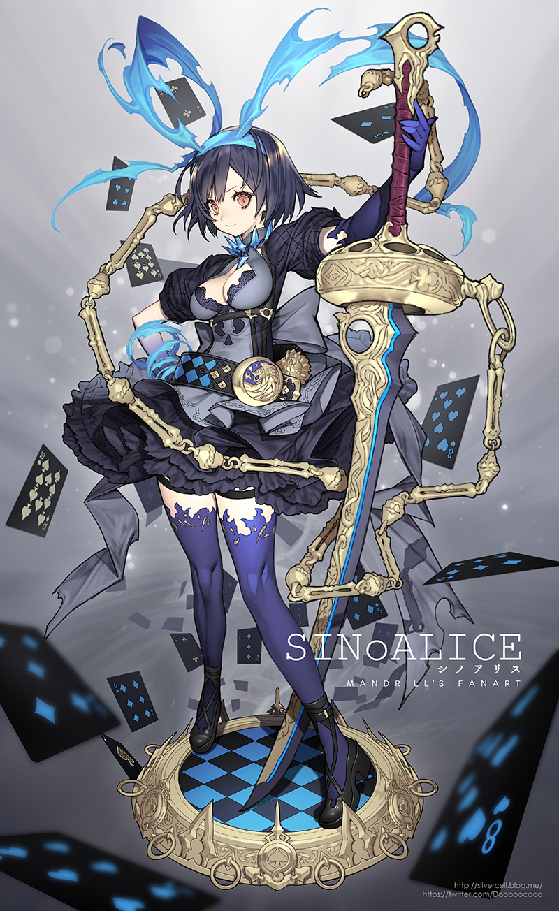 1girl alice_(sinoalice) artist_name bangs belt black_dress black_footwear black_hair blue_gloves blue_hairband blue_legwear breasts brown_eyes card chains character_name checkered cleavage cleavage_cutout closed_mouth copyright_name crescent dress elbow_gloves floating_object frilled_dress frills gloves hairband highres holding holding_weapon looking_at_viewer loose_belt mandrill medium_breasts puffy_short_sleeves puffy_sleeves short_hair short_sleeves sinoalice smile solo standing sword thigh-highs turtleneck twitter_username weapon zettai_ryouiki