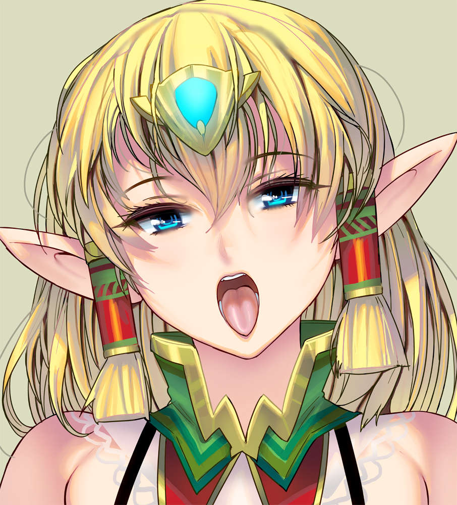 1girl bare_shoulders blonde_hair blue_eyes brown_background circlet close-up elf face long_hair masao open_mouth original pointy_ears simple_background solo tongue upper_body