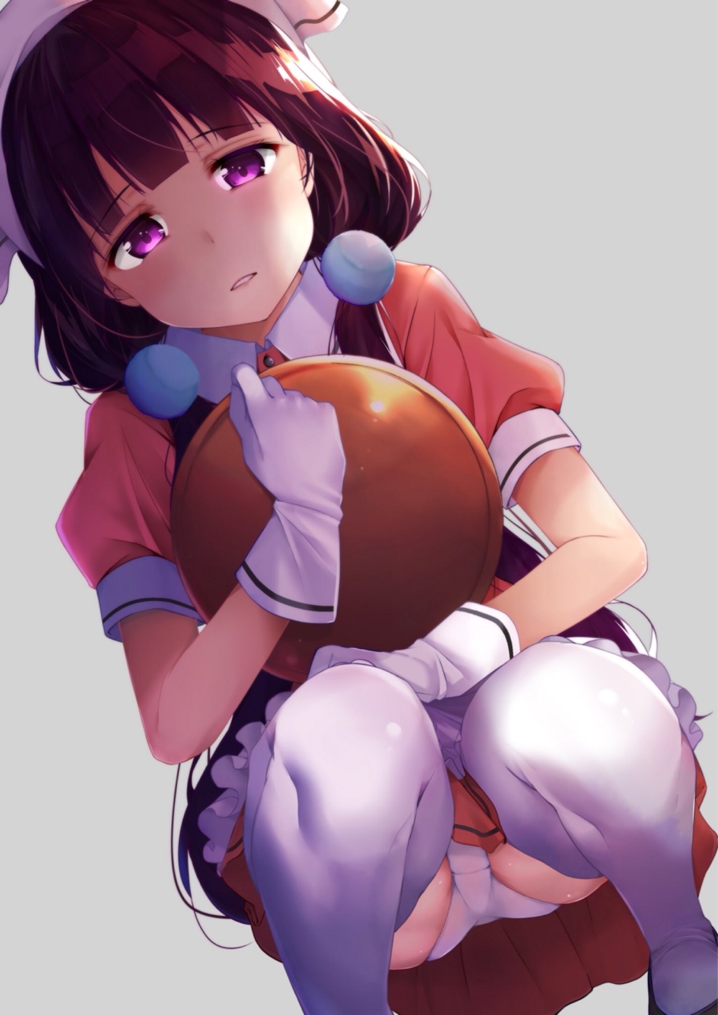 1girl apron ass bangs blend_s brown_hair commentary_request eyebrows_visible_through_hair gloves grey_background hair_ornament half-closed_eyes head_scarf highres holding holding_tray long_hair looking_at_viewer looking_down low_twintails panties pantyshot pantyshot_(squatting) parted_lips puffy_short_sleeves puffy_sleeves rouka_(akatyann) sakuranomiya_maika shirt shoes short_sleeves simple_background skirt solo squatting thigh-highs tray twintails underwear violet_eyes waitress white_apron white_gloves white_legwear white_panties wing_collar