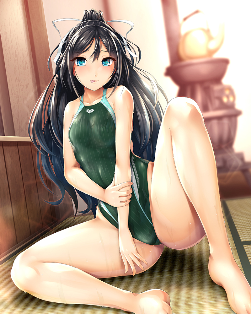 1girl 8000 barefoot black_hair blue_eyes competition_swimsuit dutch_angle full_body green_swimsuit kantai_collection katsuragi_(kantai_collection) long_hair looking_at_viewer one-piece_swimsuit ponytail sitting solo spread_legs swimsuit tatami tongue tongue_out