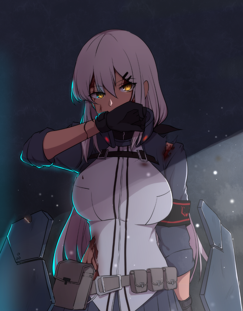 1girl arm_up armband bangs belt black_gloves black_skirt blood blood_on_face breasts covering_mouth eyebrows_visible_through_hair girls_frontline gloves glowing glowing_eyes hair_between_eyes hair_ornament hairclip large_breasts long_hair looking_at_viewer mossberg_m590_(girls_frontline) pleated_skirt shade sidelocks skirt solo torn_clothes upper_body utility_belt white_hair xiu_jiayihuizi yellow_eyes