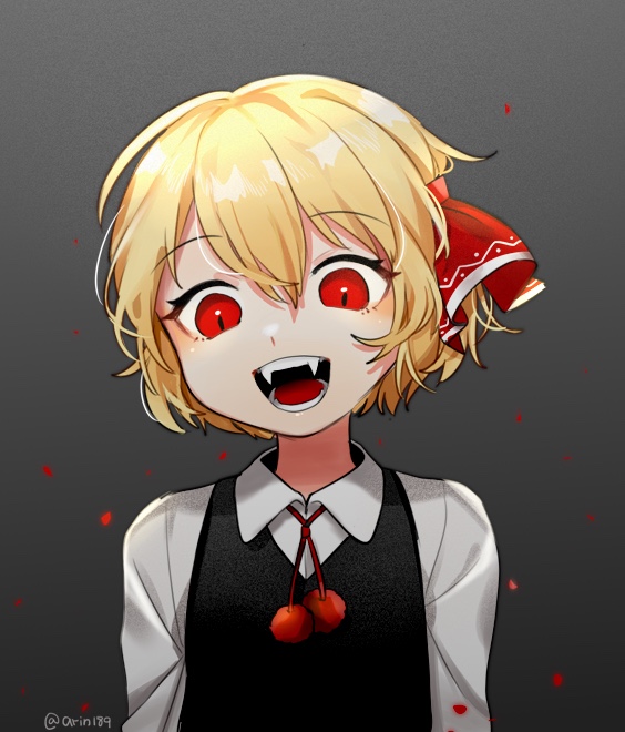 1girl arin_(fanfan013) blonde_hair commentary_request fangs gradient gradient_background hair_between_eyes hair_ribbon long_sleeves looking_at_viewer open_mouth red_eyes red_ribbon ribbon rumia short_hair slit_pupils smile solo touhou upper_body vest wing_collar