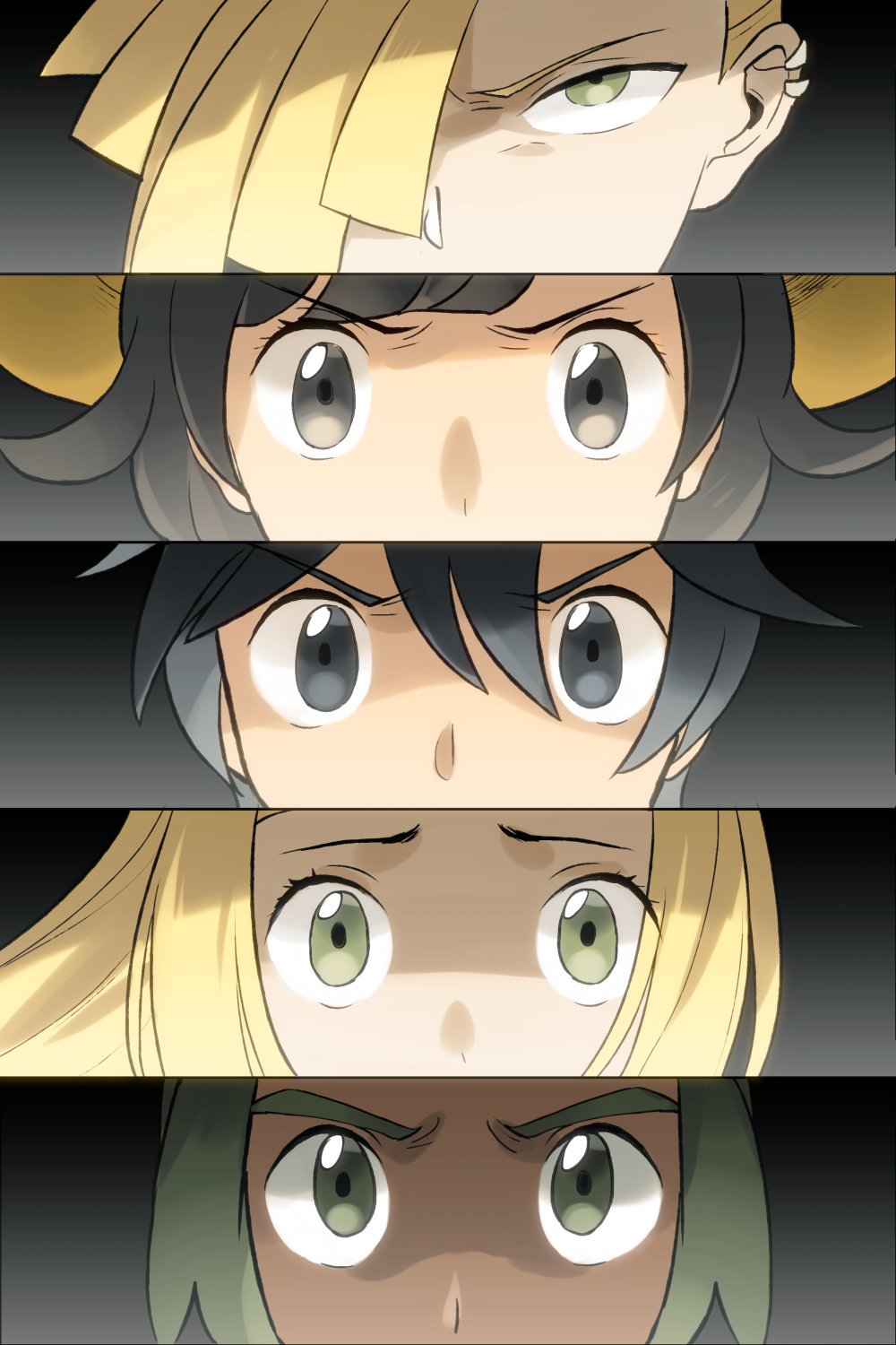 2girls 3boys atlus black_eyes black_hair blonde_hair brother_and_sister column_lineup creature_on_head dark_skin dark_skinned_male game_freak gladio_(pokemon) green_eyes green_hair hair_over_one_eye hat hau_(pokemon) highres lillie_(pokemon) long_hair megami_tensei mizuki_(pokemon_ultra_sm) multiple_boys multiple_girls nintendo olm_digital parody persona persona_eyes pokemon pokemon_(anime) pokemon_(game) pokemon_sm_(anime) pokemon_ultra_sm short_hair siblings story_yin sun_hat you_(pokemon_ultra_sm)