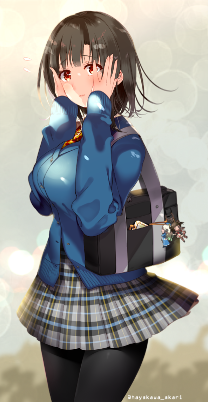 1girl atago_(kantai_collection) bag black_hair blue_jacket breasts character_doll closed_mouth hands_on_own_cheeks hands_on_own_face hayakawa_akari jacket kantai_collection large_breasts long_sleeves naka_(kantai_collection) pantyhose plaid plaid_skirt pleated_skirt red_eyes short_hair skirt solo standing takao_(kantai_collection) twitter_username upper_body