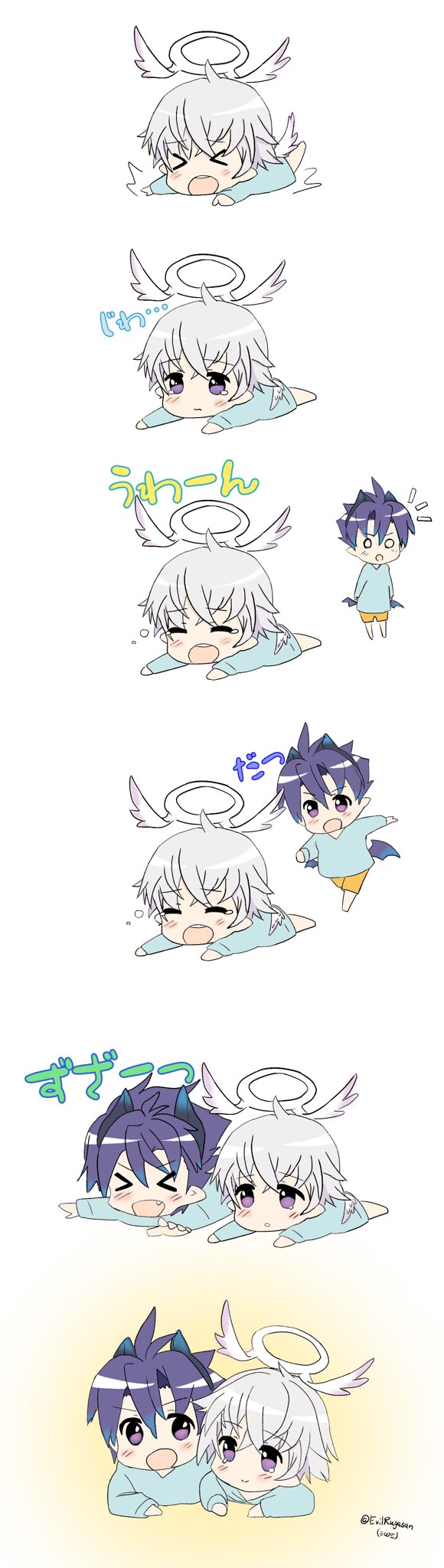 &gt;_&lt; 2boys angel angel_wings blue_hair blush crying demon_boy demon_tail demon_wings evilrugasan halo highres horns low_wings luke_venus male_focus mini_wings multiple_boys open_mouth pointy_ears pop-up_story silver_hair smile tail twitter_username violet_eyes wings younger ziz_glover