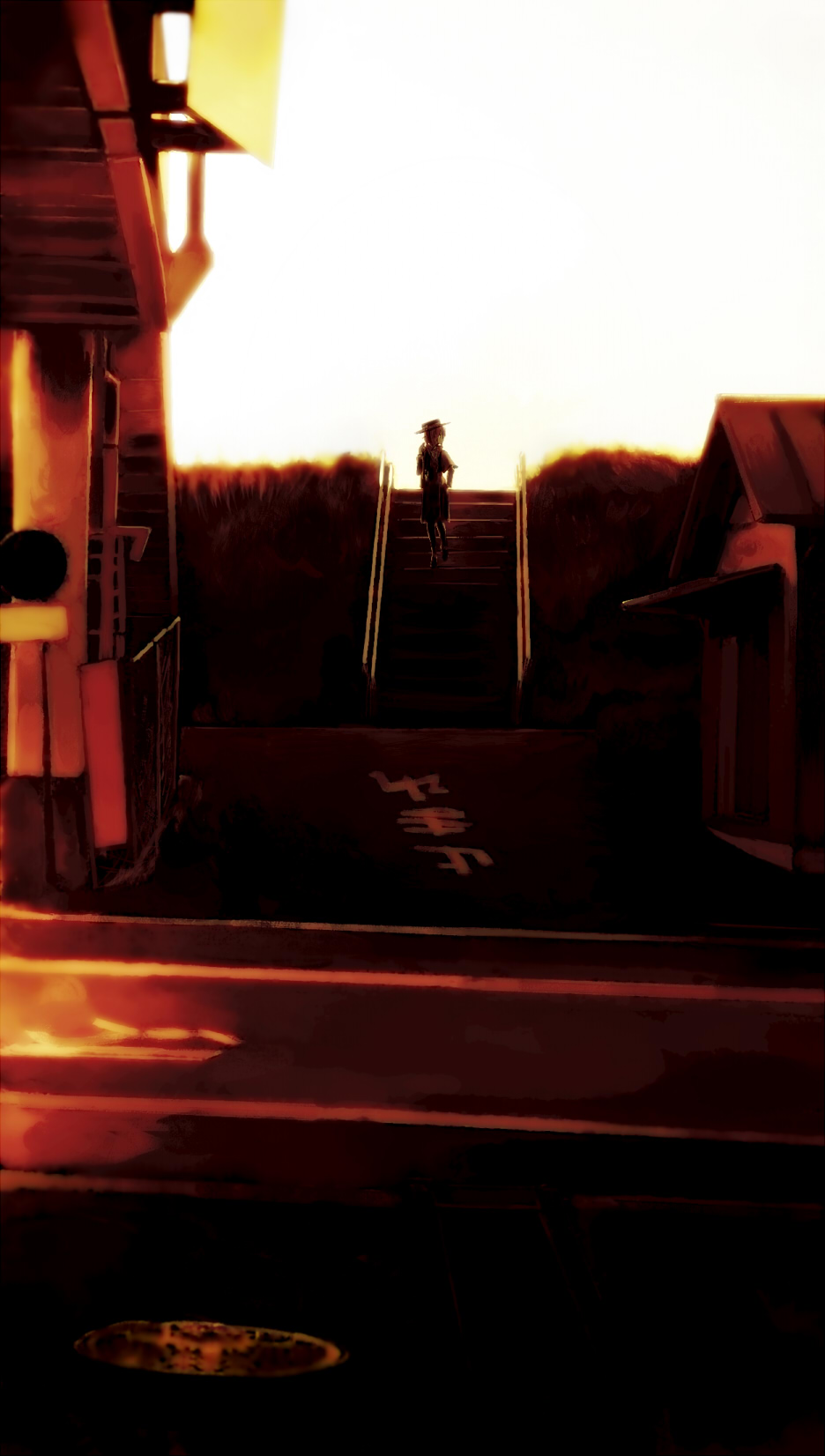 1girl bloom building grass hand_on_hip hand_on_own_chin hat highres hill house limited_palette looking_to_the_side manhole_cover pedestrian_bridge railing road silhouette solo stairs street_writing touhou usami_renko yoshioka_yoshiko