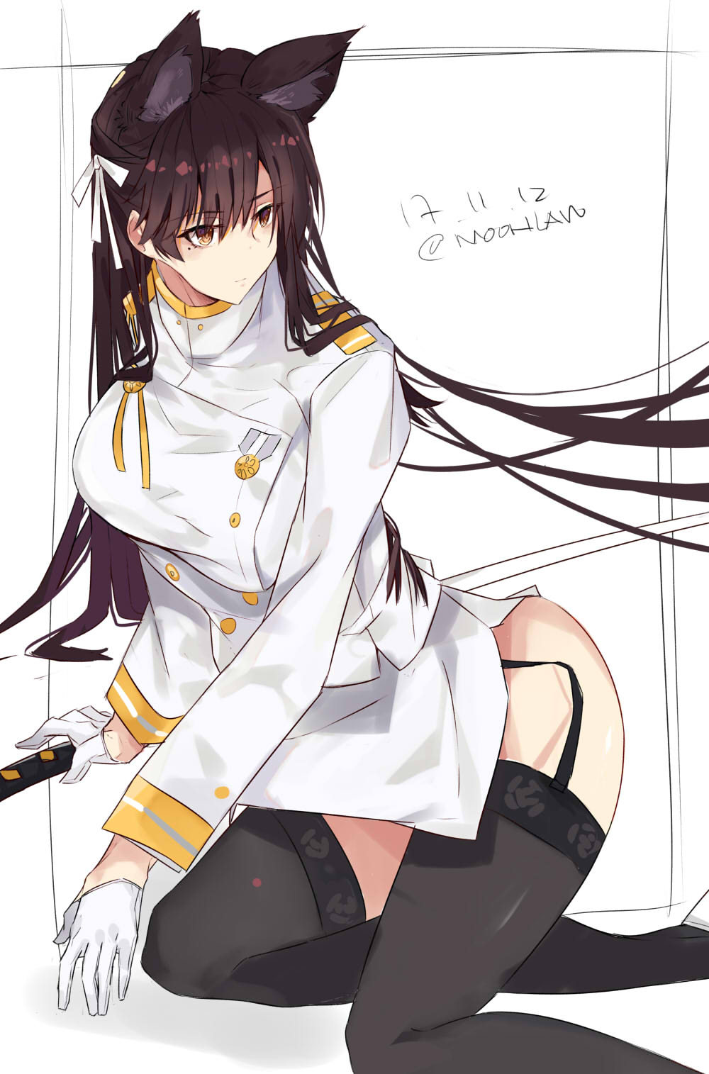 1girl animal_ears artist_name atago_(azur_lane) azur_lane bangs black_hair black_legwear breasts brown_eyes commentary_request dated garter_straps gloves highres holding holding_sword holding_weapon katana large_breasts long_hair long_sleeves military military_uniform moonlaw solo sword thigh-highs uniform weapon white_gloves