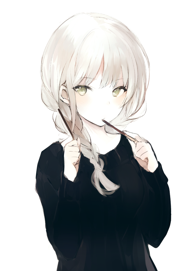 1girl bangs black_sweater blush braid closed_mouth eating eyebrows_visible_through_hair food green_eyes grey_eyes grey_hair hair_over_shoulder holding holding_food long_hair long_sleeves looking_at_viewer lpip original pocky pocky_day ribbed_sweater side_braid silver_hair simple_background single_braid solo sweater upper_body white_background white_hair