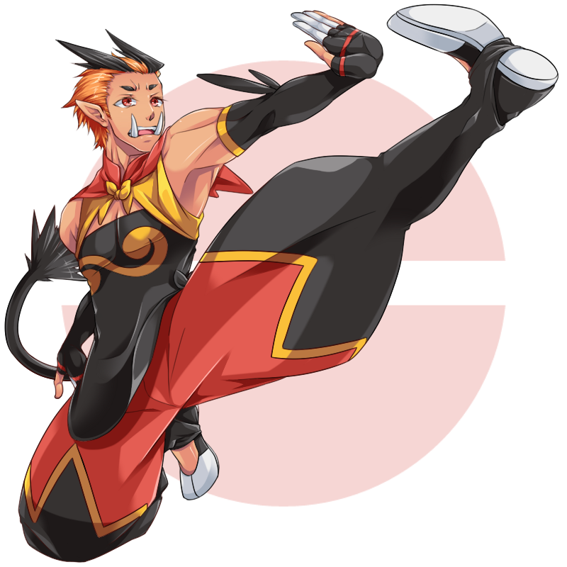 1boy black_gloves black_hair elbow_gloves emboar gloves kicking male_focus orange_hair personification pointy_ears pokeball_symbol pokemon red_eyes sanai25290720 solo tail tusks