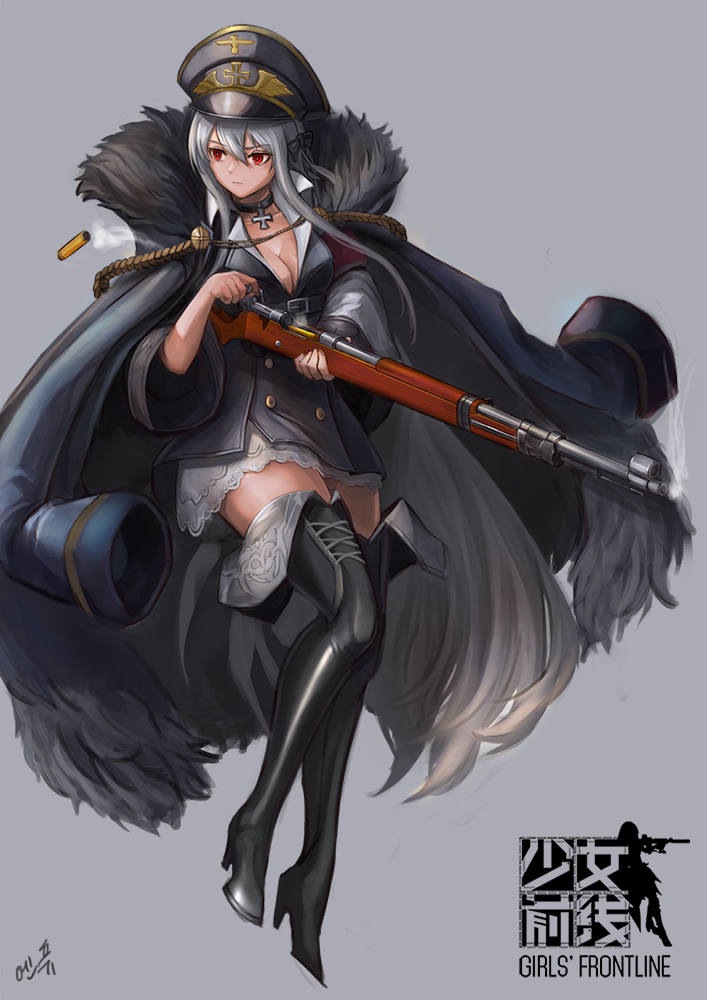 1girl black_footwear blazer blue_hair bolt_action boots breasts choker cleavage closed_mouth copyright_name english eyebrows_visible_through_hair full_body fur girls_frontline grey_background gun hair_between_eyes high_heels holding holding_gun holding_weapon jacket jacket_on_shoulders kar98k_(girls_frontline) lion_(dielion) logo long_hair looking_away mauser_98 medium_breasts red_eyes rifle shell_casing skirt smoke solo thigh-highs thigh_boots weapon white_skirt