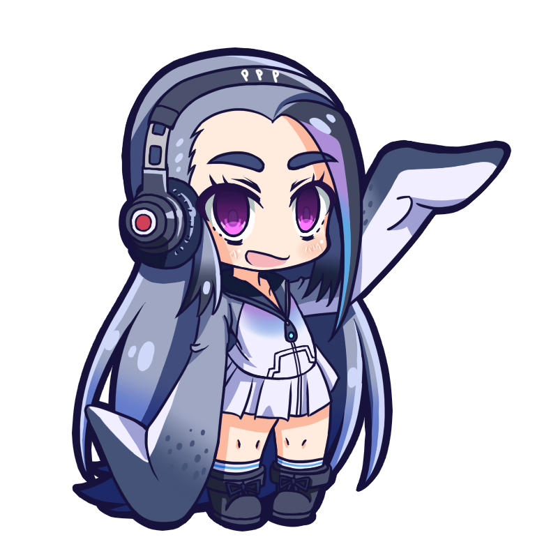 1girl :d black_hair blue_hair blush chibi full_body giant_penguin_(kemono_friends) headphones jacket kemono_friends long_hair looking_at_viewer multicolored_hair nanarokushiki no_nose open_mouth silver_hair simple_background skirt sleeves_past_wrists smile solo thick_eyebrows very_long_hair violet_eyes white_background