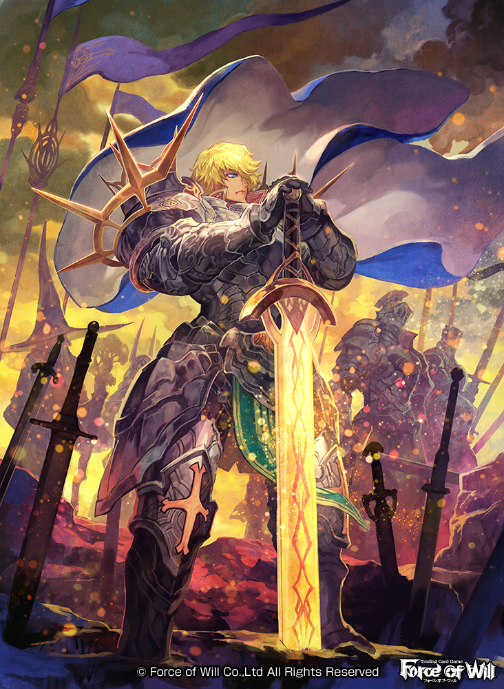 1boy armor armored_boots blonde_hair boots cape copyright_name force_of_will gloves helmet lack male_focus moon official_art polearm solo spear sword weapon