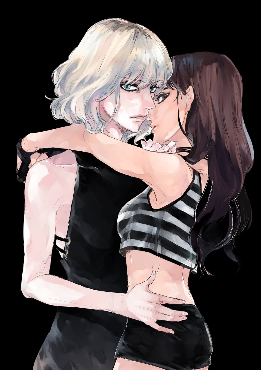 atomic_blonde blonde_hair blue_eyes brown_eyes brown_hair commentary_request delphine_lasalle highres hug looking_at_viewer lorraine_broughton shorts yuri