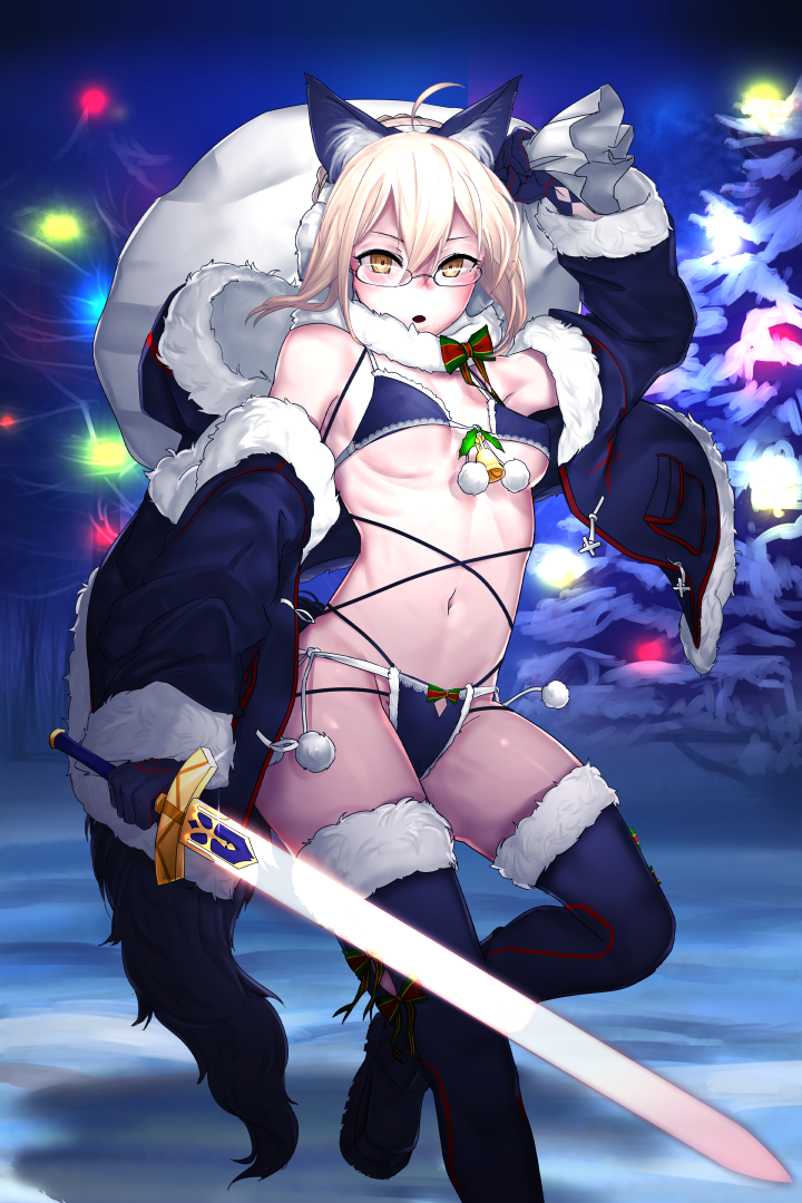 1girl ahoge animal_ears arm_up artoria_pendragon_(all) bikini black_bikini blonde_hair boots bow breasts commentary_request earmuffs fake_animal_ears fate/grand_order fate_(series) fur_trim glasses gloves hood hooded_jacket hoodie i-pan jacket looking_at_viewer medium_breasts mysterious_heroine_x_(alter) navel off_shoulder open_clothes open_jacket open_mouth pom_pom_(clothes) rimless_eyewear sack short_hair side-tie_bikini solo swimsuit sword tail thigh-highs thigh_boots weapon yellow_eyes