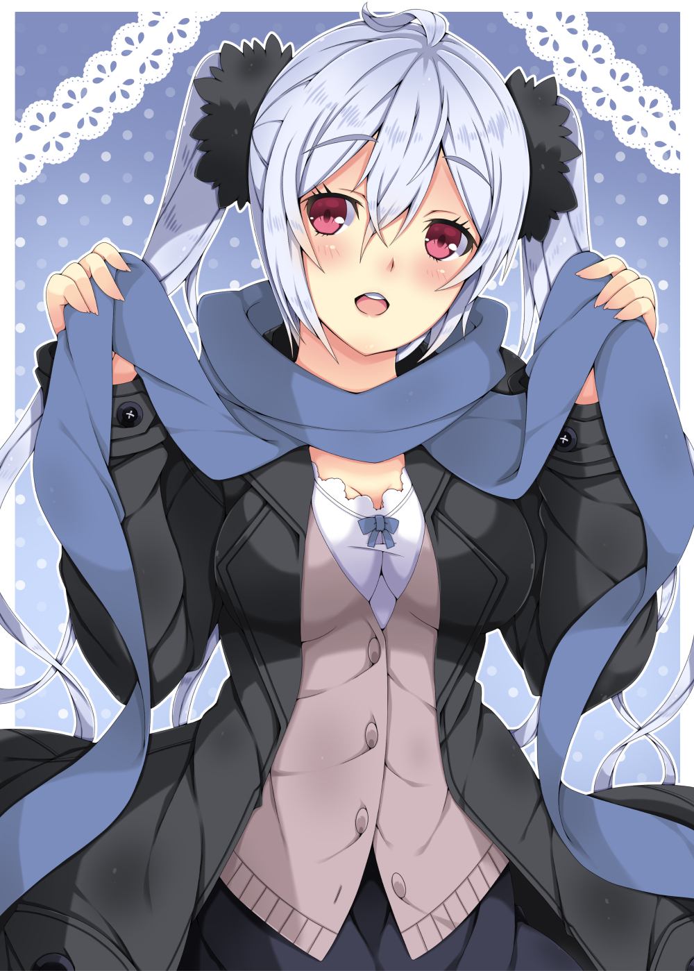 1girl ahoge black_coat black_skirt blue_scarf breasts cleavage eyebrows_visible_through_hair floating_hair grey_sweater hair_between_eyes hair_ornament head_tilt highres long_hair looking_at_viewer matoi_(pso2) medium_breasts milkpanda open_mouth phantasy_star phantasy_star_online_2 red_eyes scarf shirt silver_hair skirt solo standing twintails very_long_hair white_shirt