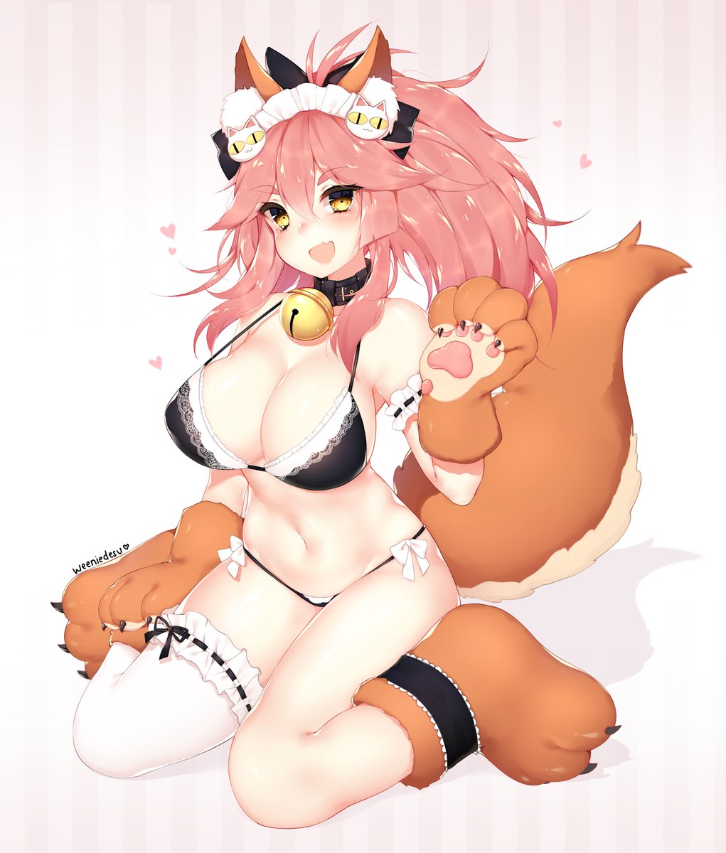 animal_ears bell bell_collar blush bra breasts brown_eyes collar commentary ears_through_headwear fang fate/grand_order fate_(series) fox_ears fox_tail hand_up heart highres large_breasts looking_at_viewer maid_headdress paws pink_hair ponytail simple_background sitting string_panties striped striped_background tail tamamo_(fate)_(all) tamamo_cat_(fate/grand_order) underwear weeniedesu