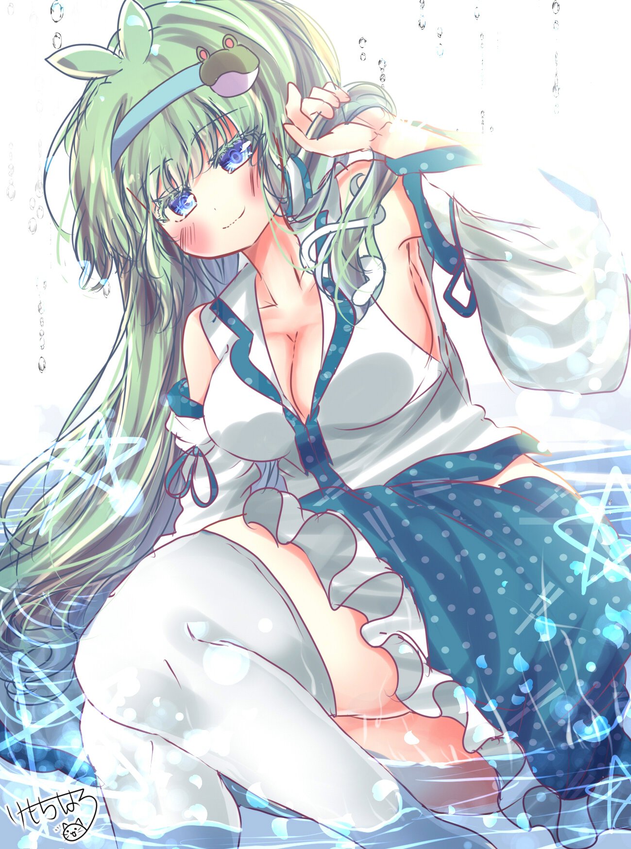 1girl antenna_hair blush breasts cleavage colored_eyelashes curvy droplet highres kemo_chiharu kochiya_sanae large_breasts long_hair partially_submerged skirt smile solo thick_thighs thighs touhou vest water white_legwear