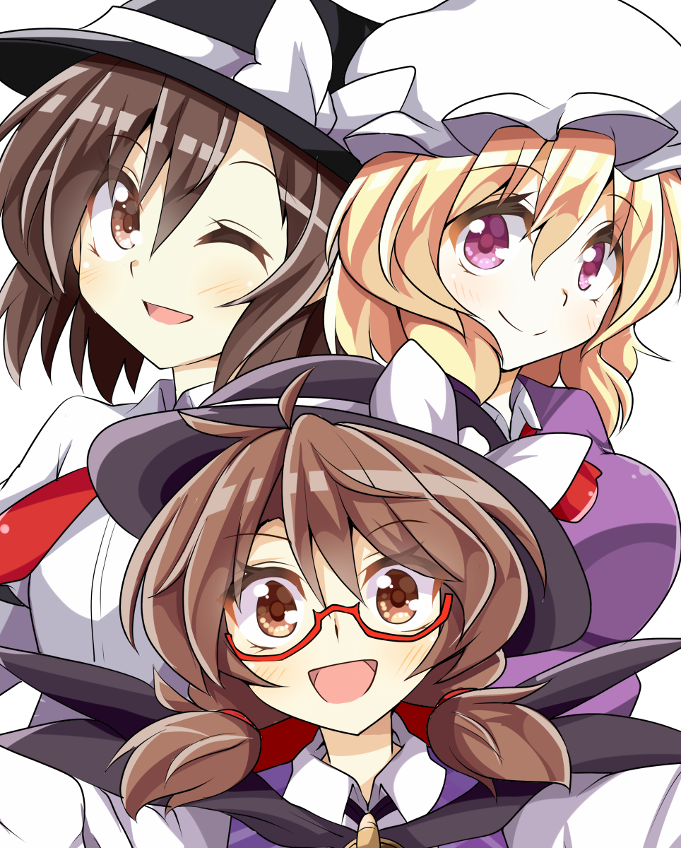 3girls aki_chimaki blonde_hair bow brown_eyes brown_hair commentary_request fedora glasses hat hat_bow highres looking_at_viewer maribel_hearn mob_cap multiple_girls necktie one_eye_closed open_mouth red_glasses red_neckwear short_hair smile touhou usami_renko usami_sumireko violet_eyes white_bow