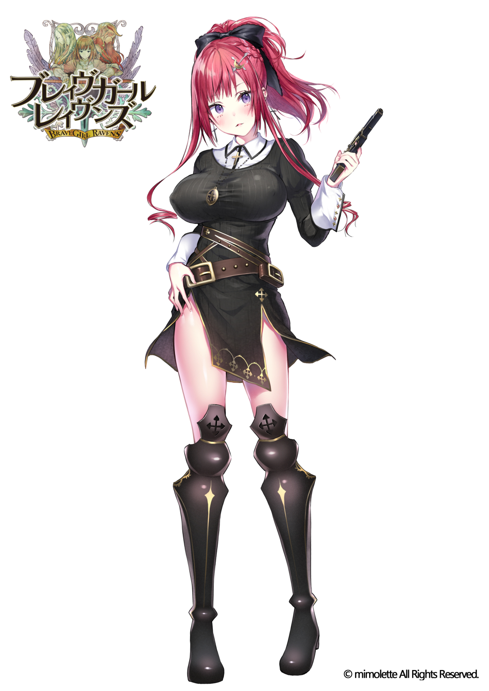 1girl artist_request bangs belt blush bow bowtie brave_girl_ravens breasts copyright_name cross cross_necklace detached_sleeves earrings erect_nipples full_body gun hair_ornament hand_on_hip handgun highres holding holding_gun holding_weapon jewelry juliet_sleeves large_breasts logo long_sleeves necklace official_art parted_lips ponytail puffy_sleeves redhead simple_background solo standing violet_eyes weapon white_background