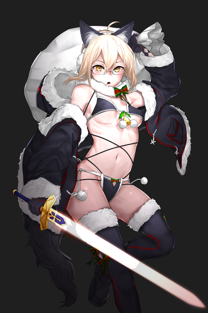 1girl ahoge animal_ears arm_up artoria_pendragon_(all) bikini black_bikini blonde_hair boots bow breasts earmuffs fake_animal_ears fate/grand_order fate_(series) fur_trim glasses gloves grey_background hood hooded_jacket hoodie i-pan jacket looking_at_viewer medium_breasts mysterious_heroine_x_(alter) navel off_shoulder open_clothes open_jacket open_mouth pom_pom_(clothes) rimless_eyewear sack short_hair side-tie_bikini simple_background solo swimsuit sword tail thigh-highs thigh_boots weapon yellow_eyes