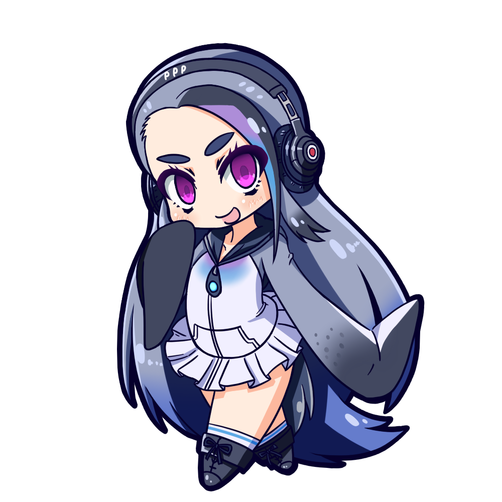 1girl :d black_hair blue_hair blush chibi full_body giant_penguin_(kemono_friends) headphones jacket kemono_friends long_hair looking_at_viewer multicolored_hair nanarokushiki no_nose open_mouth silver_hair simple_background skirt smile solo thick_eyebrows very_long_hair violet_eyes white_background